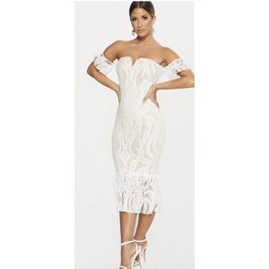 PRETTY LITTLE THING WHITE LACE BARDOT Binding MIDI DRESS NWT Sz 4